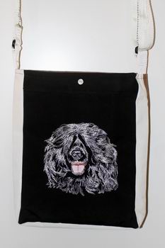 Tote bag, en tissu de store recyclé, broderie portrait chien d eau portuguais